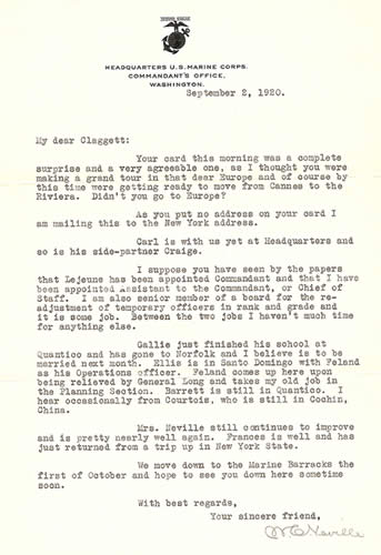 Personal Letter to Claggett Wilson from his friend, Major General Neville